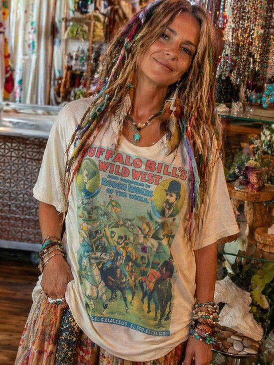 Tops - Custom  Cream Short Sleeve Tee with Buffalo Bill's Wild West Graphic